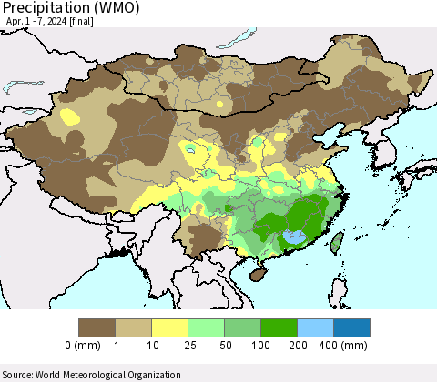 China, Mongolia and Taiwan Precipitation (WMO) Thematic Map For 4/1/2024 - 4/7/2024