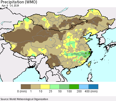 China, Mongolia and Taiwan Precipitation (WMO) Thematic Map For 4/8/2024 - 4/14/2024