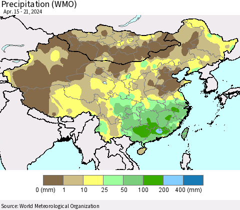 China, Mongolia and Taiwan Precipitation (WMO) Thematic Map For 4/15/2024 - 4/21/2024