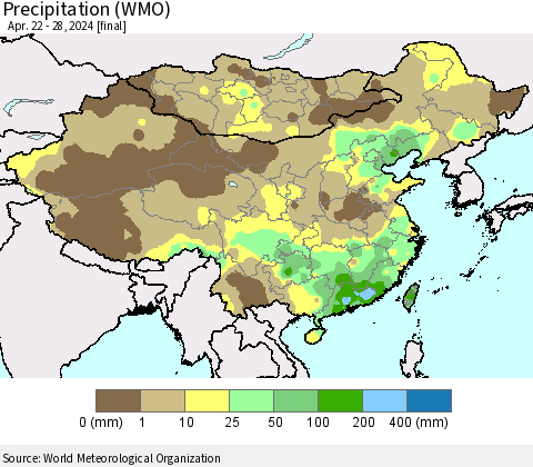 China, Mongolia and Taiwan Precipitation (WMO) Thematic Map For 4/22/2024 - 4/28/2024