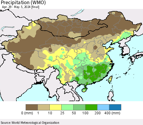 China, Mongolia and Taiwan Precipitation (WMO) Thematic Map For 4/29/2024 - 5/5/2024