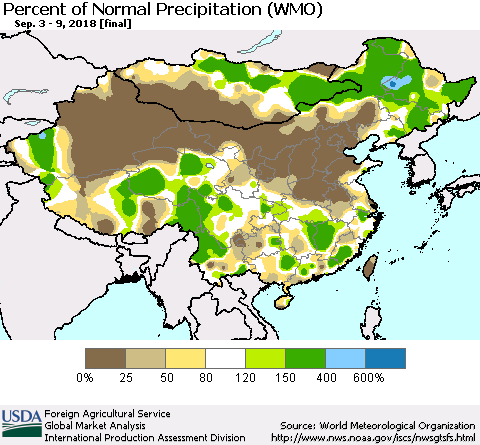 China, Mongolia and Taiwan Percent of Normal Precipitation (WMO) Thematic Map For 9/3/2018 - 9/9/2018