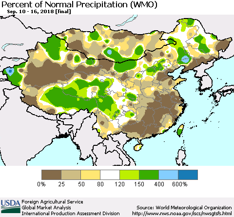China, Mongolia and Taiwan Percent of Normal Precipitation (WMO) Thematic Map For 9/10/2018 - 9/16/2018