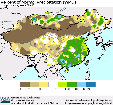 China, Mongolia and Taiwan Percent of Normal Precipitation (WMO) Thematic Map For 9/17/2018 - 9/23/2018