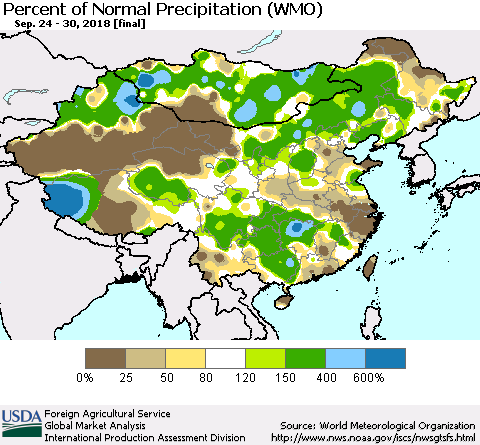 China, Mongolia and Taiwan Percent of Normal Precipitation (WMO) Thematic Map For 9/24/2018 - 9/30/2018