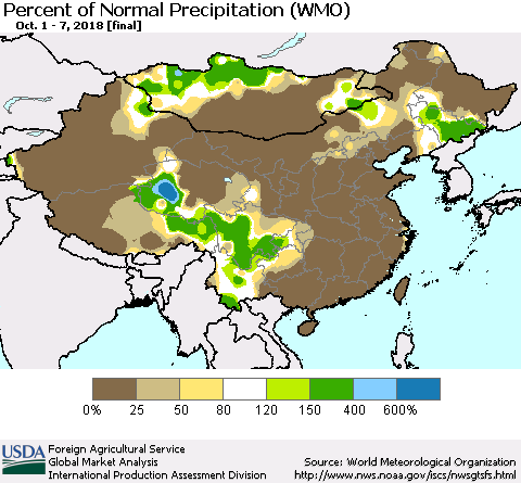 China, Mongolia and Taiwan Percent of Normal Precipitation (WMO) Thematic Map For 10/1/2018 - 10/7/2018
