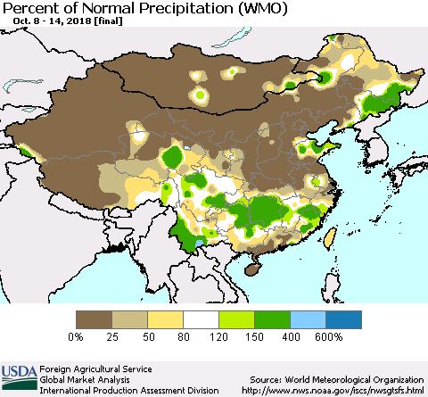 China, Mongolia and Taiwan Percent of Normal Precipitation (WMO) Thematic Map For 10/8/2018 - 10/14/2018