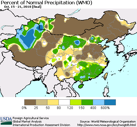 China, Mongolia and Taiwan Percent of Normal Precipitation (WMO) Thematic Map For 10/15/2018 - 10/21/2018