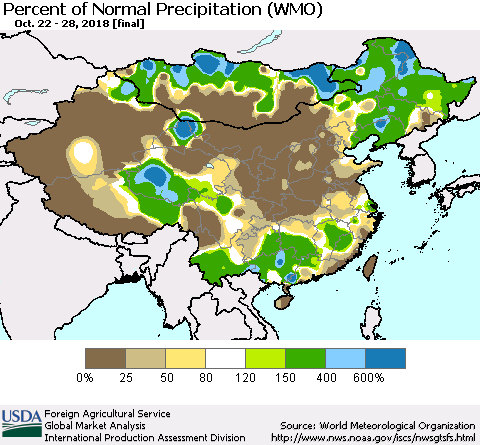 China, Mongolia and Taiwan Percent of Normal Precipitation (WMO) Thematic Map For 10/22/2018 - 10/28/2018