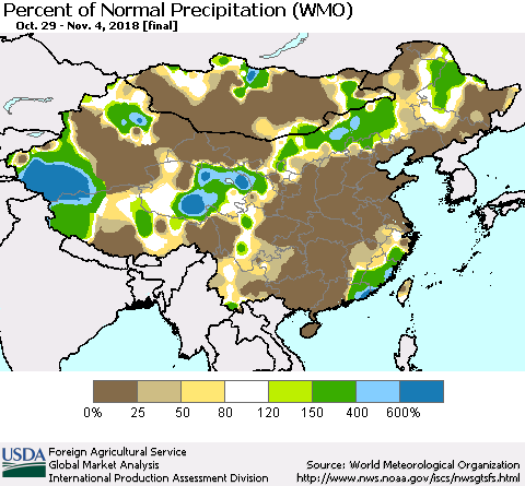 China, Mongolia and Taiwan Percent of Normal Precipitation (WMO) Thematic Map For 10/29/2018 - 11/4/2018