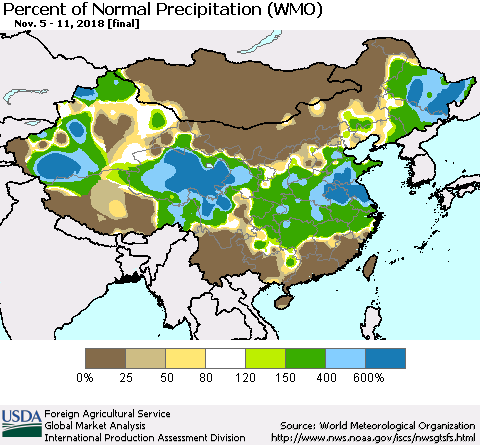 China, Mongolia and Taiwan Percent of Normal Precipitation (WMO) Thematic Map For 11/5/2018 - 11/11/2018