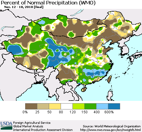 China, Mongolia and Taiwan Percent of Normal Precipitation (WMO) Thematic Map For 11/12/2018 - 11/18/2018