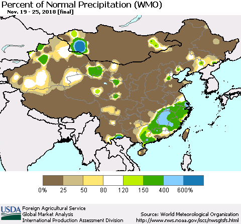 China, Mongolia and Taiwan Percent of Normal Precipitation (WMO) Thematic Map For 11/19/2018 - 11/25/2018