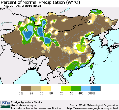 China, Mongolia and Taiwan Percent of Normal Precipitation (WMO) Thematic Map For 11/26/2018 - 12/2/2018