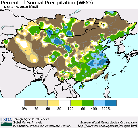 China, Mongolia and Taiwan Percent of Normal Precipitation (WMO) Thematic Map For 12/3/2018 - 12/9/2018