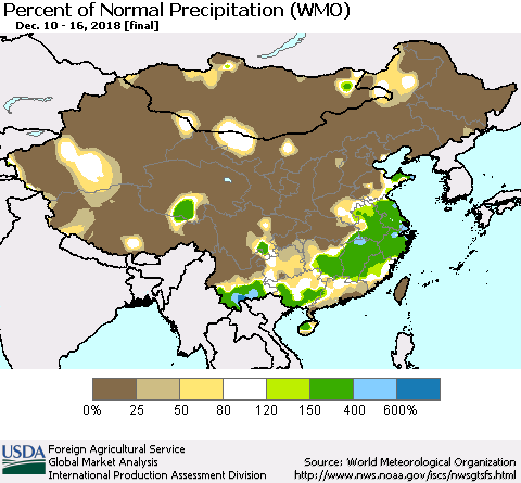 China, Mongolia and Taiwan Percent of Normal Precipitation (WMO) Thematic Map For 12/10/2018 - 12/16/2018