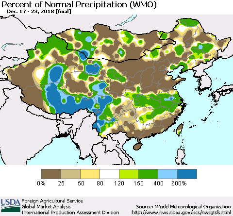 China, Mongolia and Taiwan Percent of Normal Precipitation (WMO) Thematic Map For 12/17/2018 - 12/23/2018