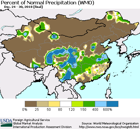 China, Mongolia and Taiwan Percent of Normal Precipitation (WMO) Thematic Map For 12/24/2018 - 12/30/2018