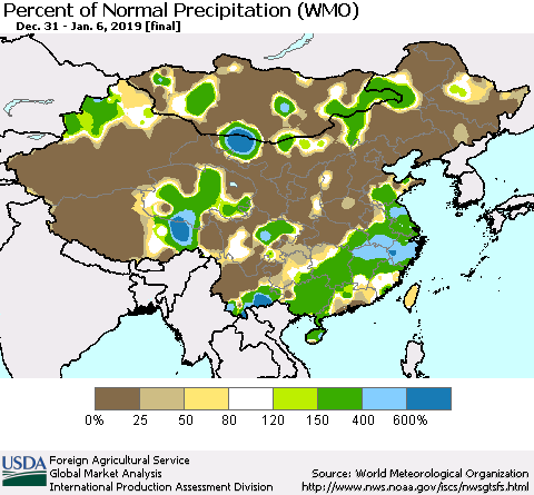 China, Mongolia and Taiwan Percent of Normal Precipitation (WMO) Thematic Map For 12/31/2018 - 1/6/2019