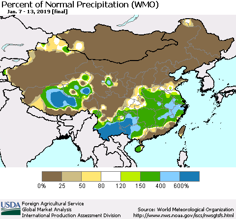 China, Mongolia and Taiwan Percent of Normal Precipitation (WMO) Thematic Map For 1/7/2019 - 1/13/2019