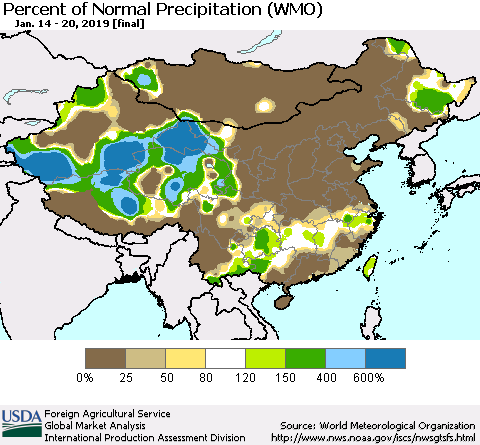 China, Mongolia and Taiwan Percent of Normal Precipitation (WMO) Thematic Map For 1/14/2019 - 1/20/2019