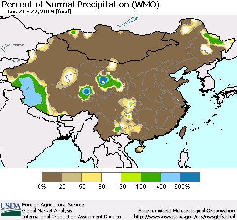 China, Mongolia and Taiwan Percent of Normal Precipitation (WMO) Thematic Map For 1/21/2019 - 1/27/2019