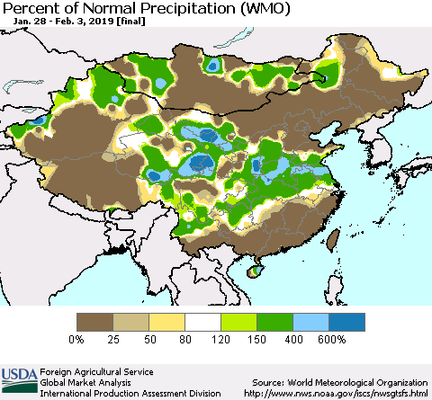 China, Mongolia and Taiwan Percent of Normal Precipitation (WMO) Thematic Map For 1/28/2019 - 2/3/2019