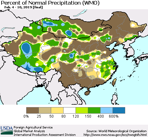 China, Mongolia and Taiwan Percent of Normal Precipitation (WMO) Thematic Map For 2/4/2019 - 2/10/2019