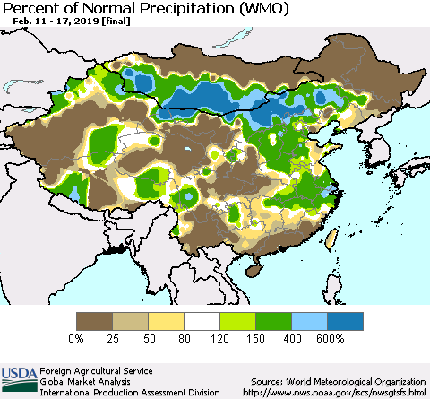 China, Mongolia and Taiwan Percent of Normal Precipitation (WMO) Thematic Map For 2/11/2019 - 2/17/2019
