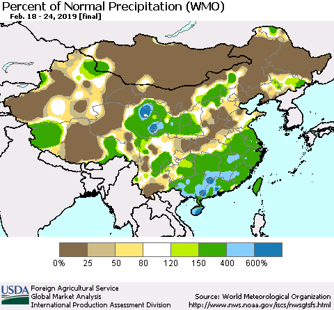 China, Mongolia and Taiwan Percent of Normal Precipitation (WMO) Thematic Map For 2/18/2019 - 2/24/2019