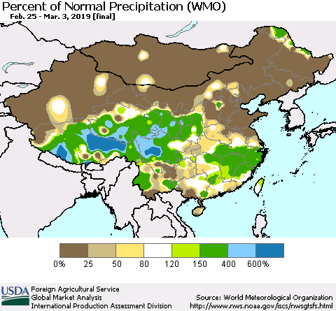 China, Mongolia and Taiwan Percent of Normal Precipitation (WMO) Thematic Map For 2/25/2019 - 3/3/2019
