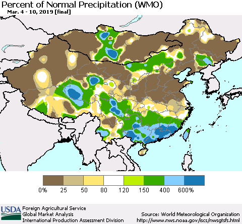 China, Mongolia and Taiwan Percent of Normal Precipitation (WMO) Thematic Map For 3/4/2019 - 3/10/2019