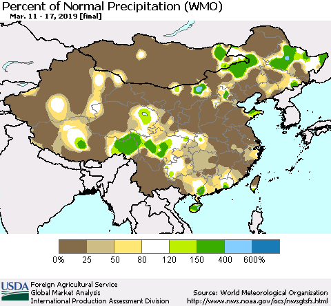 China and Taiwan Percent of Normal Precipitation (WMO) Thematic Map For 3/11/2019 - 3/17/2019