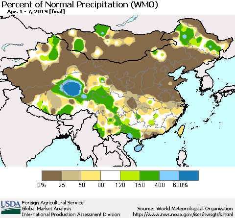 China, Mongolia and Taiwan Percent of Normal Precipitation (WMO) Thematic Map For 4/1/2019 - 4/7/2019