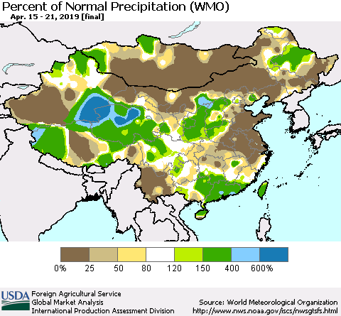 China and Taiwan Percent of Normal Precipitation (WMO) Thematic Map For 4/15/2019 - 4/21/2019
