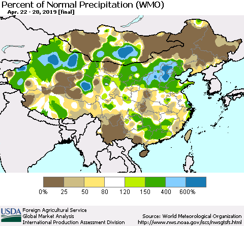 China, Mongolia and Taiwan Percent of Normal Precipitation (WMO) Thematic Map For 4/22/2019 - 4/28/2019