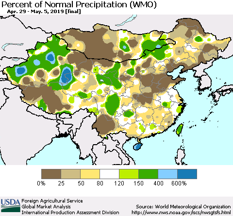 China and Taiwan Percent of Normal Precipitation (WMO) Thematic Map For 4/29/2019 - 5/5/2019
