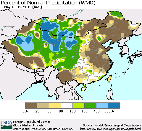 China and Taiwan Percent of Normal Precipitation (WMO) Thematic Map For 5/6/2019 - 5/12/2019