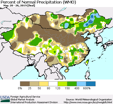 China and Taiwan Percent of Normal Precipitation (WMO) Thematic Map For 5/20/2019 - 5/26/2019