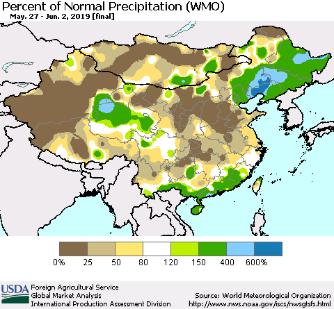 China and Taiwan Percent of Normal Precipitation (WMO) Thematic Map For 5/27/2019 - 6/2/2019