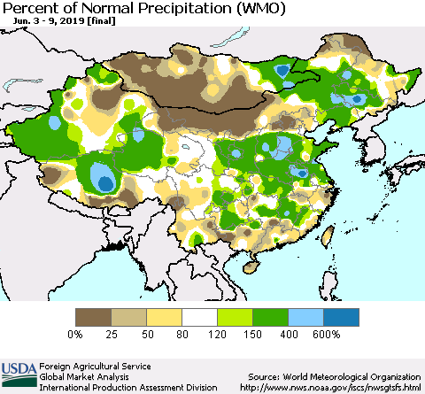 China and Taiwan Percent of Normal Precipitation (WMO) Thematic Map For 6/3/2019 - 6/9/2019