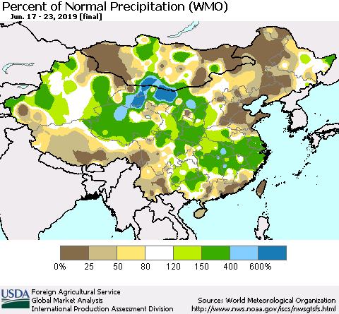 China, Mongolia and Taiwan Percent of Normal Precipitation (WMO) Thematic Map For 6/17/2019 - 6/23/2019