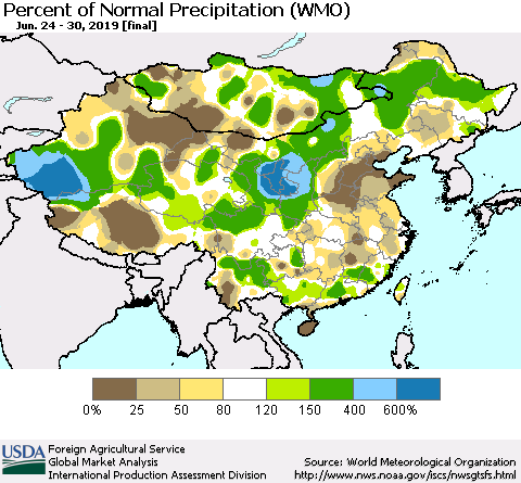 China and Taiwan Percent of Normal Precipitation (WMO) Thematic Map For 6/24/2019 - 6/30/2019