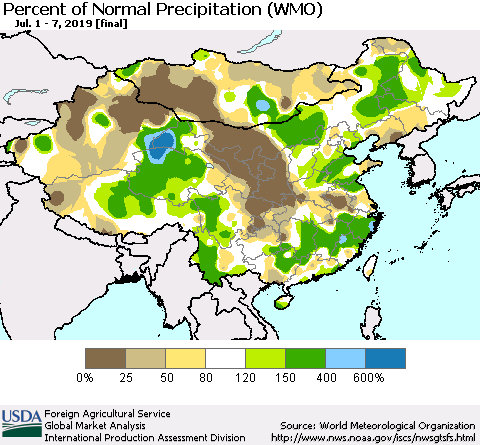China and Taiwan Percent of Normal Precipitation (WMO) Thematic Map For 7/1/2019 - 7/7/2019
