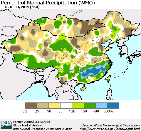 China and Taiwan Percent of Normal Precipitation (WMO) Thematic Map For 7/8/2019 - 7/14/2019