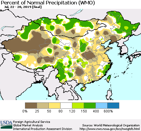 China and Taiwan Percent of Normal Precipitation (WMO) Thematic Map For 7/22/2019 - 7/28/2019