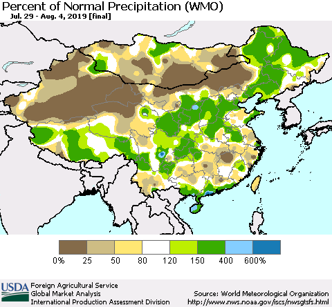 China and Taiwan Percent of Normal Precipitation (WMO) Thematic Map For 7/29/2019 - 8/4/2019