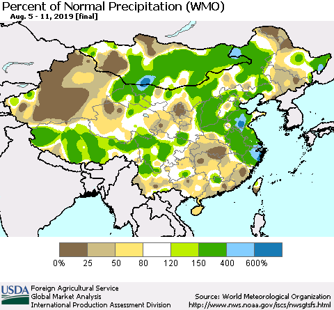China and Taiwan Percent of Normal Precipitation (WMO) Thematic Map For 8/5/2019 - 8/11/2019