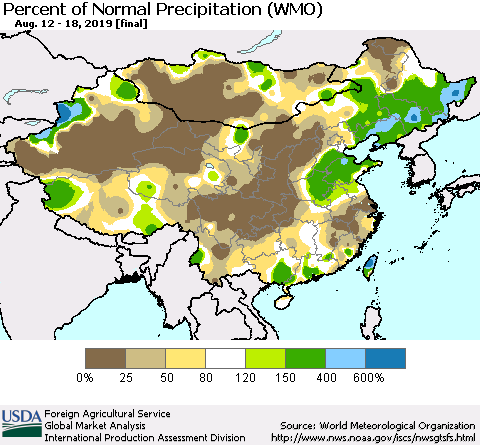 China, Mongolia and Taiwan Percent of Normal Precipitation (WMO) Thematic Map For 8/12/2019 - 8/18/2019