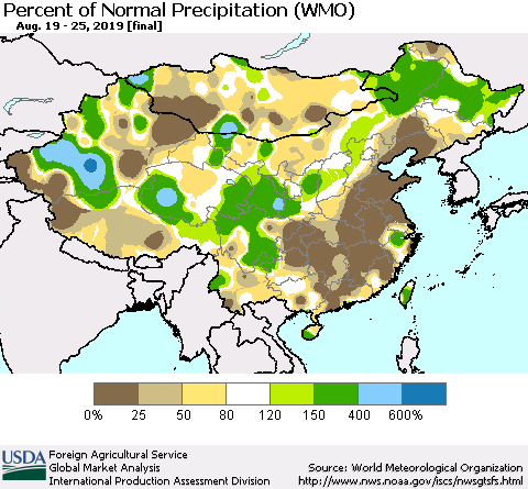 China and Taiwan Percent of Normal Precipitation (WMO) Thematic Map For 8/19/2019 - 8/25/2019